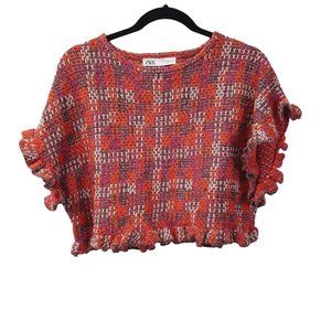 ZARA Metallic Tweed Ruffled Hem Short Sleeve Crop Top Small
